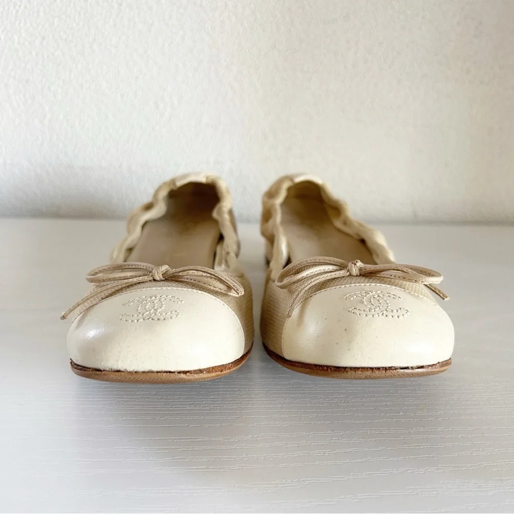 Chanel Low Block Heel Pumps Beige Fabric CC Cap Toe Bow EU 36.5C US 6.5